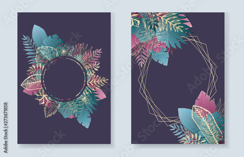 Set Of Dark Purple Greeting Cards With Elegant Blue Pink And