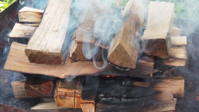 Burning wood logs for a barbecue