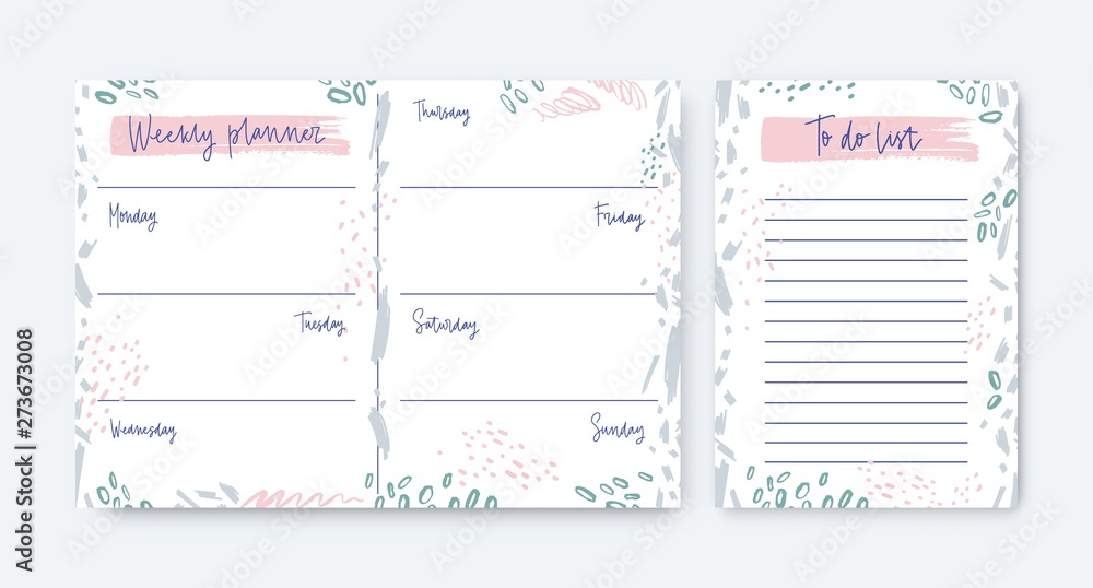 Poster collection of weekly planner and to-do-list templates decorated by stains and scribble. schedule, re