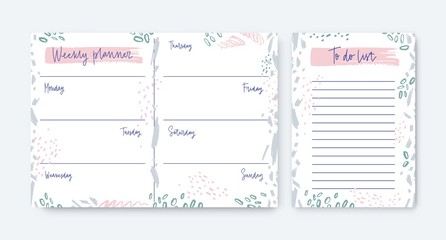 Collection of weekly planner and to-do-list templates decorated by stains and scribble. Schedule, reminder or timetable for daily organization and effective planning. Creative vector illustration.