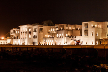 Night view of Waljat hospital in Muscat, Oman