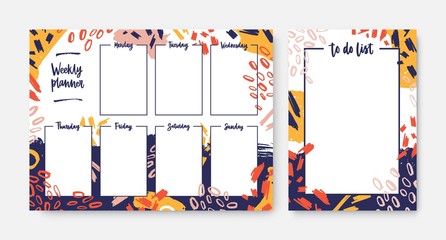 Set of weekly planner and to-do-list templates with frame decorated by colorful daub, brush strokes, smears, scribble. Effective daily task and appointment planning. Modern vector illustration.