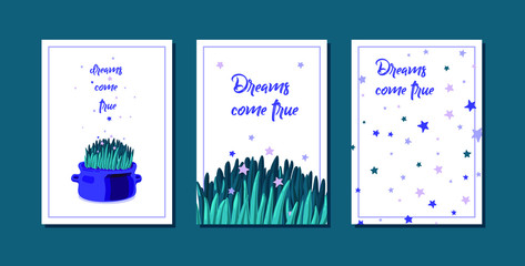 Set of card with magical houseplants and stars. Happy birthday postcard concept. poster, invite. Vector illustration