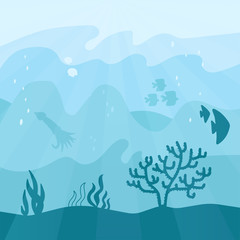 Fototapeta na wymiar Underwater cartoon flat background with fish silhouette, seaweed, coral, squid, jellyfish. Ocean sea life in different shades of the aquamarine color . Vector illustration of Undersea Landscape