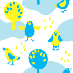 vector cute little bird tree seamless pattern