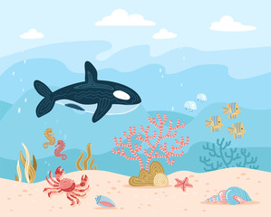 Hand drawn vector cartoon Underwater illustration background with ocean bottom, corals reefs, seaweed,marine inhabitants, fishes,killer whale, seahorse, starfish, shells, sand on blue water waves