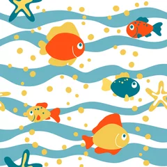 Behang vector vis zee cartoon zeepbel ster golf schattig naadloze patroon © maria_morozova