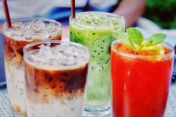 Ice beverages on the table ready to drink in the afternoon.