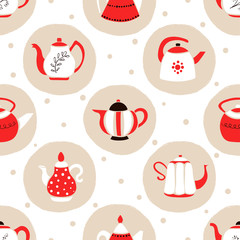 Seamless cute teapots pattern. Vector dotted tea background.