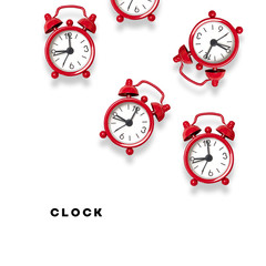 Creative layout made of red alarm clocks and a pattern of alarm clocks on the background