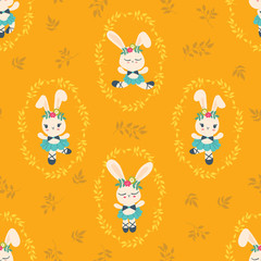 Seamless pattern with cute bunny ballerina dancing on foliage. Kawaii rabbit ballet dance illustration. Design for textile, fabric, decoration, wallpaper, wrapping, or packaging