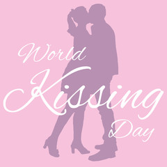 Romantic and love background for World Kiss Day. Silhouette of kissing man and woman. Icon flat image with text. Template for social poster, banner, media stories, card, flyer.