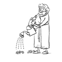Grandmother watering flowers on a flowerbed in a garden. Active Longevity