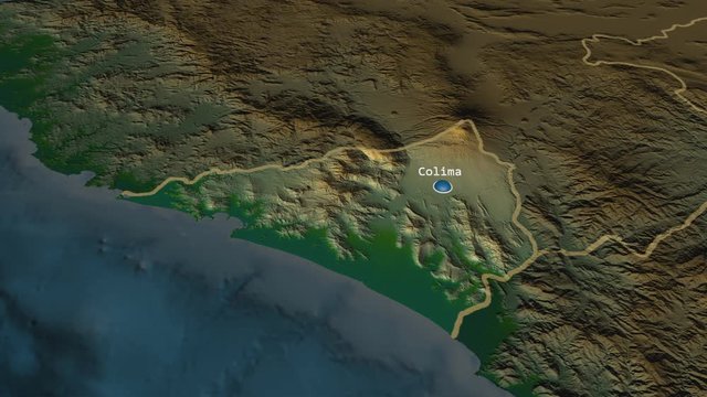Colima - state of Mexico zoomed on the physical map of the globe. Animation 3D
