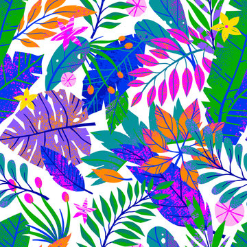 Summer vector seamless pattern with hand drawn tropical leaves,flowers and elements.Multicolor plants.Exotic background perfect for prints,wrapping paper,t-shirts,textile,background fill,social media.