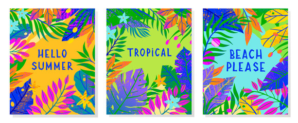 Set of summer vector illustrations with tropical leaves,flowers and elements.Multicolor plants with hand drawn texture.Exotic backgrounds perfect for prints,flyers,banners,invitations,social media.