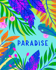Fototapeta na wymiar Summer vector illustration with bright tropical leaves,flowers and elements.Multicolor plants with hand drawn texture.Exotic background perfect for prints,flyers,banners,invitations,social media.