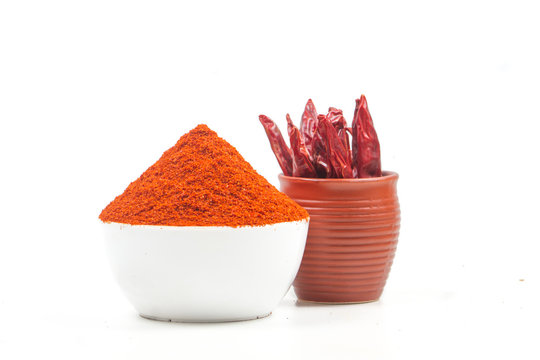 indian red chili powder isolated on white background