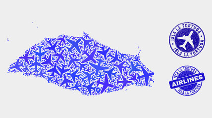 Fototapeta premium Airlines vector Isla La Tortuga map composition and grunge seals. Abstract Isla La Tortuga map is constructed with blue flat randomized airlines symbols and map pointers.