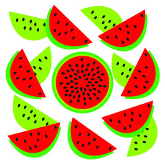 red slice of watermelon and whole sliced ​​watermelon with seeds vector