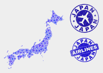 Airline vector Japan map composition and grunge stamps. Abstract Japan map is composed with blue flat scattered airline symbols and map markers. Flight plan in blue colors, and rounded stamps.