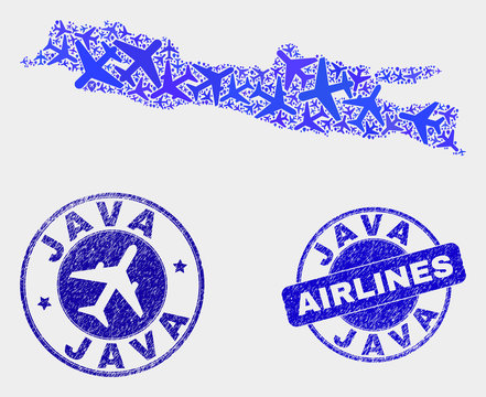 Aviation vector Java Island map mosaic and grunge seals. Abstract Java Island map is formed from blue flat randomized aviation symbols and map pointers. Tourism scheme in blue colors,
