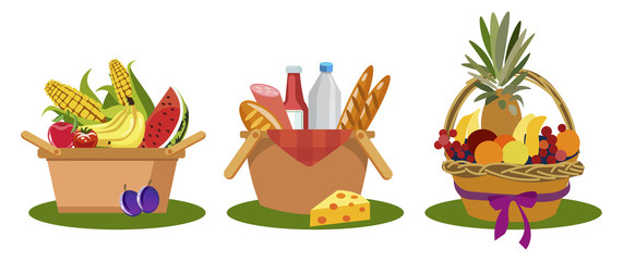 Set of picnic baskets food vector illustration flat