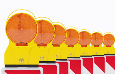 Baustelle Sperre Symbolbild - Viele Warnbaken mit Signallicht Gehäuse gelb - Glas gelb - in einer Reihe - neutraler Hintergrund