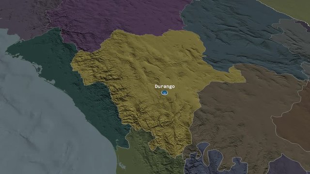 Durango - state of Mexico zoomed on the administrative map of the globe. Animation 3D