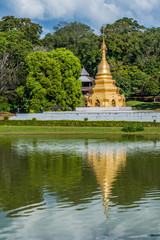 Pagoda and lake in National Kandawgyi Botanical gardens in Pyin Oo Lwin, Myanmar