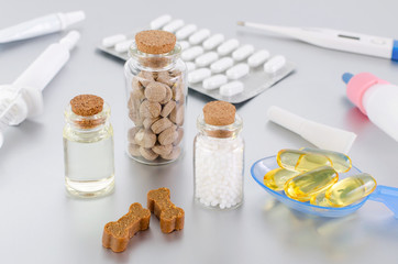 various medical products for animal, natural supplement, oil, medicine and treats like bones on...