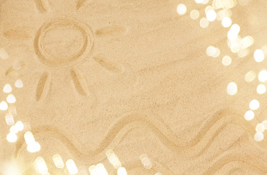 travel, tourism and summer vacation concept - picture of sun and sea waves in sand on beach