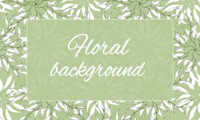 Text frame with floral ornament. Contour white pattern on green background. Spring flowers. Vector illustration.