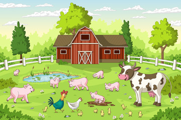 Cartoon animals on a farm. Summer Landscape with red house and fence.