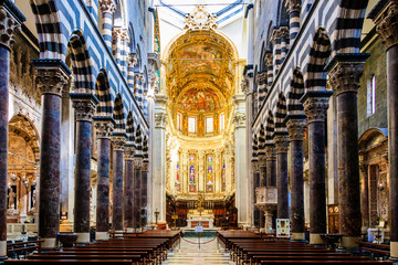 GENOA, ITALY - MARCH 9, 2019: The Altar of the Cathedral di San Lorenzo in the Italian city of Genoa