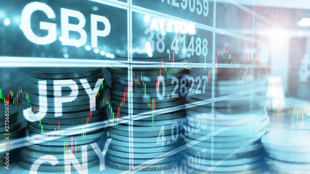 Poster 3d rendering of stock market cancle stick chart double exposure with stack of coins and currency exc