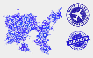 Aircraft vector Limnos Island map mosaic and grunge seals. Abstract Limnos Island map is formed with blue flat randomized airplane symbols and map markers. Transport scheme in blue colors,