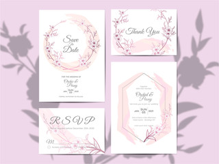 Elegant Wedding Invitation Cards of Line Art Flowers and Branches. Modern Template Set of Save the Date, Greeting, Thank You, and RSVP