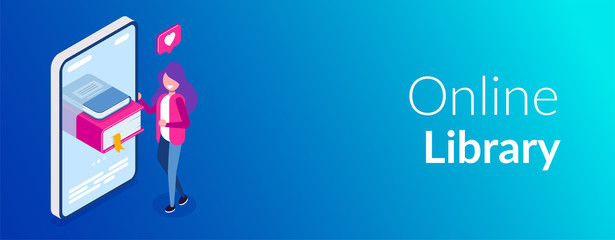 Online library concept. Books in your phone or tablet. Young girl love to read. Can use for web banner, infographics, hero images. Vector isometric 3d illustration.