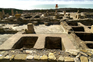 Tarifa (Cádiz) Spain. Swimming pools of the fish salting factory and sauce in the archaeological site of Baelo Claudia