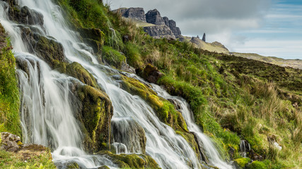 View looking at the Old Man or Storr on the Isle of Skye on the west coast of Scotland, UK.