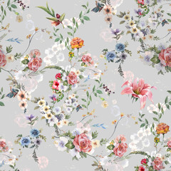 Watercolor painting of leaf and flowers, seamless pattern on gray background © photoiget