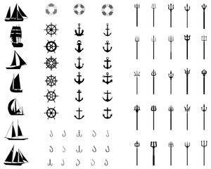 Icons  of anchores, rudders, lifebelt, sailboats on a white background - obrazy, fototapety, plakaty