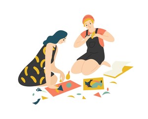 Funny adorable young boy and girl sitting on floor, cutting colorful paper with scissors and making collage. Cute man and woman enjoying their hobby together at home. Flat cartoon vector illustration.