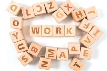 Work wooden blocks of business concept isolated on white background.