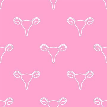 Medical awareness poster with seamless pattern of uterus symbols on pink background. Reproductive female system disease symbol. Vector illustration.
