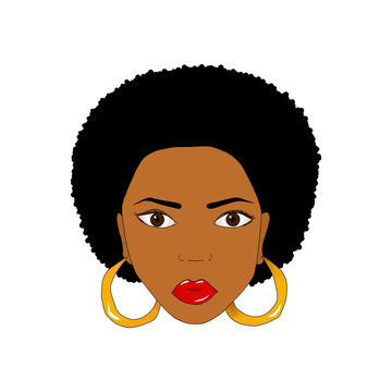 African American woman with lush curly black hair, gold earings and big red lips. Art. Beautiful cartoon woman face isolated on white background.