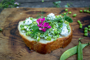 bruschetta with young cheese and green peas