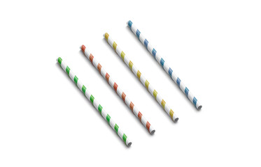 Blank colored paper straws mock up isolated, side view, 3d rendering. Clear coloured drinking stick mockup. Empty plastic drink tubule for juice and water. Empty striped soloma for restaurant.