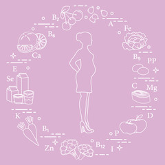 Obraz na płótnie Canvas Pregnant woman and foods rich in vitamins.
